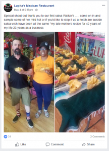 Lupita's Meican Restaurant facebook post giveing a shout out to their salsa walkers